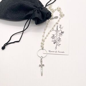 Sterling silver pearl necklace with rosary style Excalibur Sword Pendant